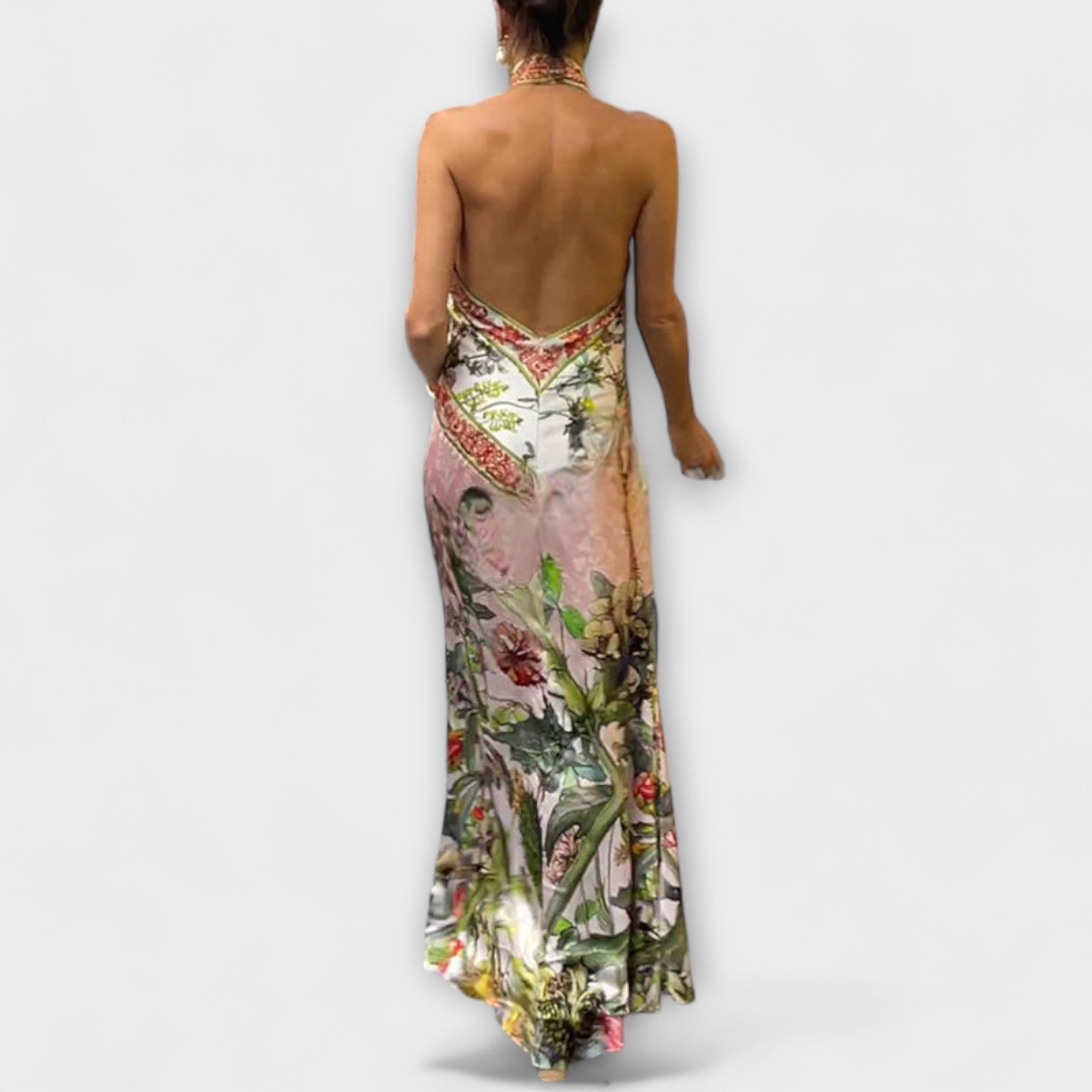Ayla - Sleeveless Maxi Dress with Floral Pattern and Open Back