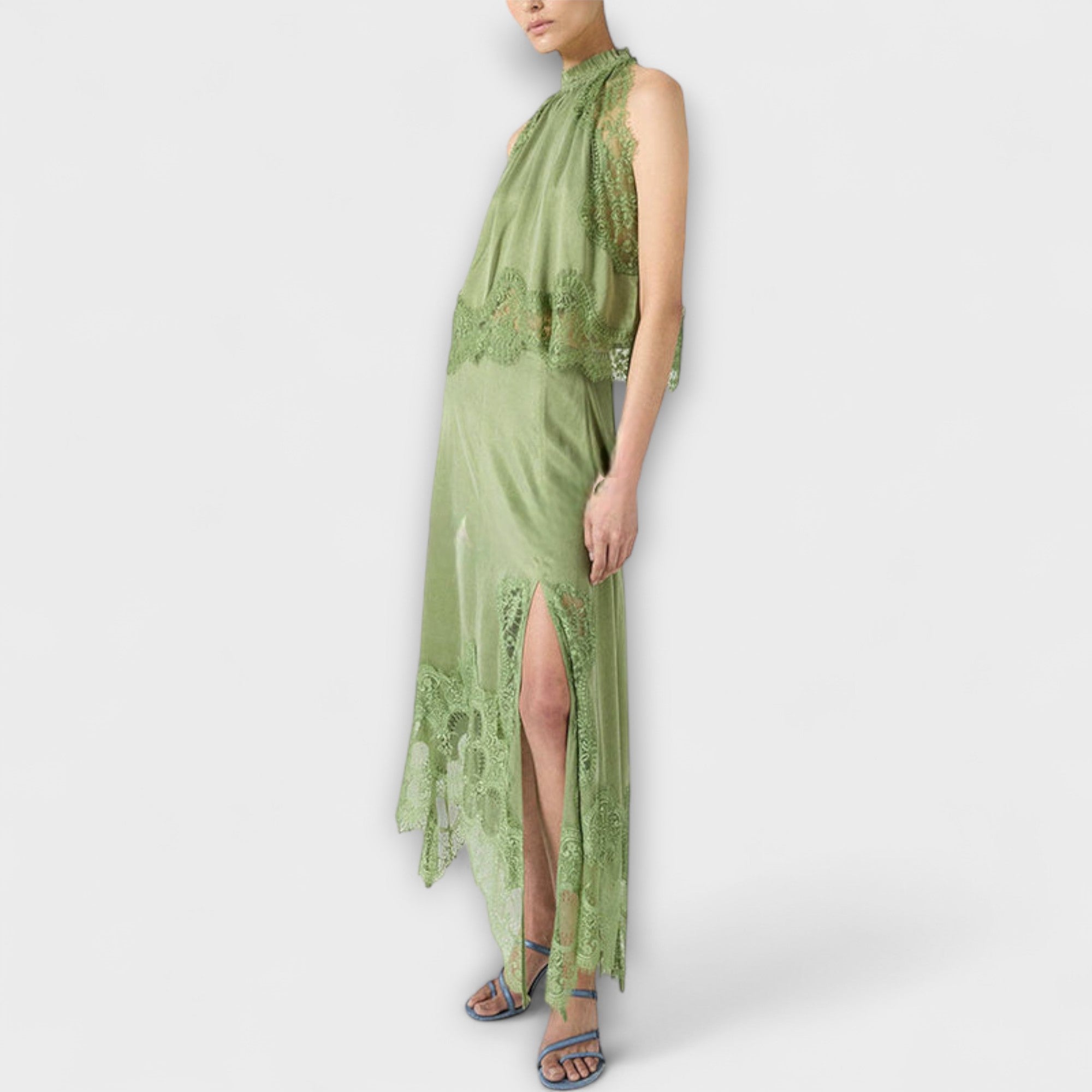 Kaia - Satin Blouse with Lace Trim and Pleated Neckline Set