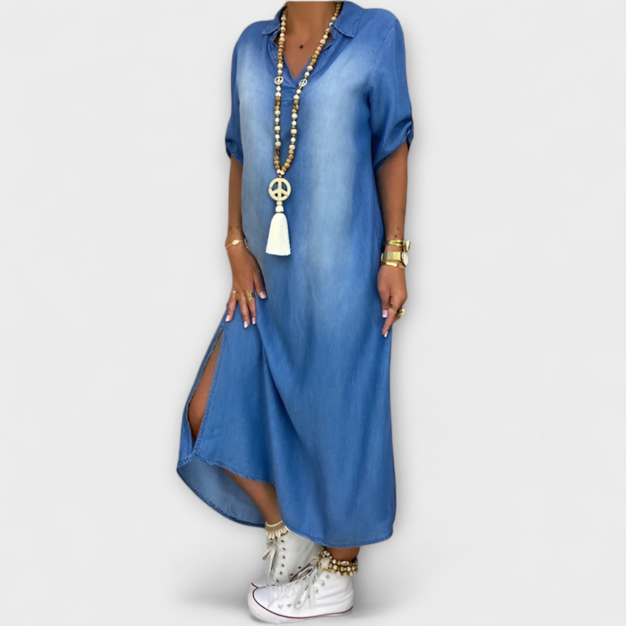 Lea - Long Denim-Look Dress with Side Slit