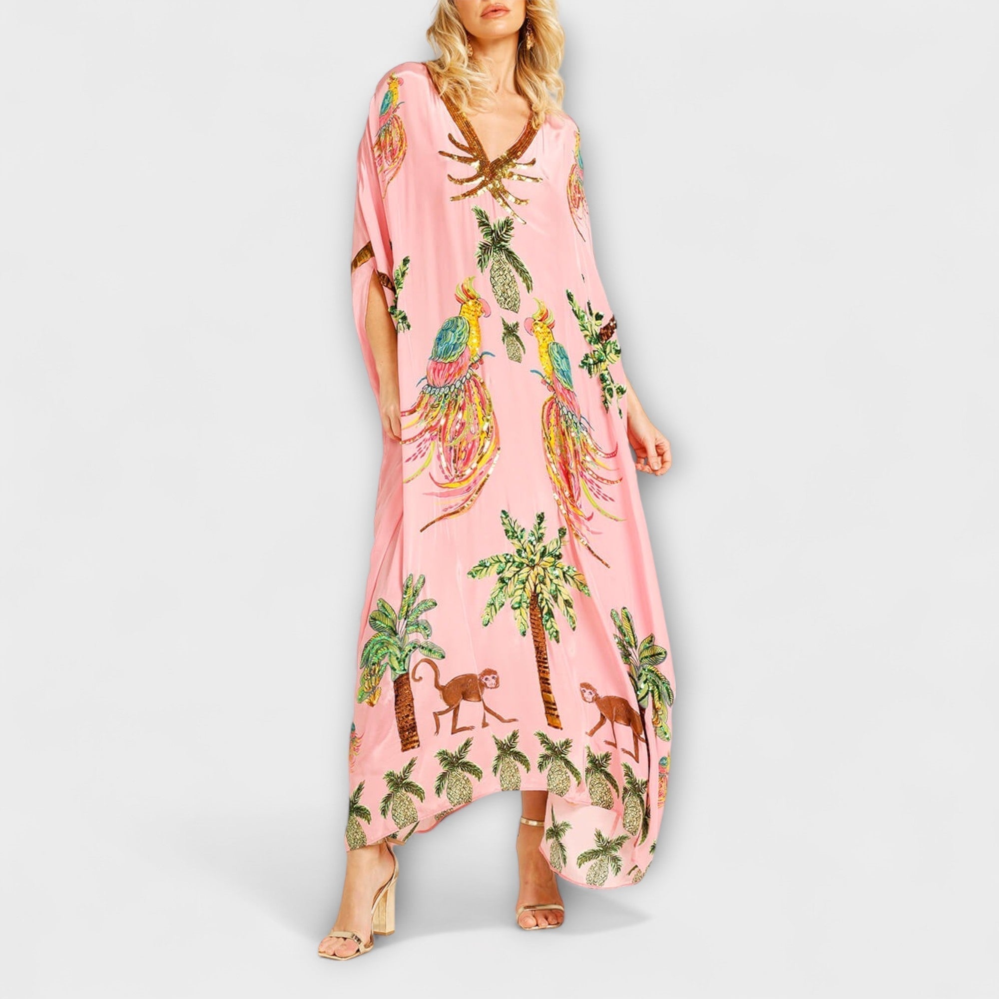 Linda - Eye-catching dress with off-the-shoulder design and coconut tree print