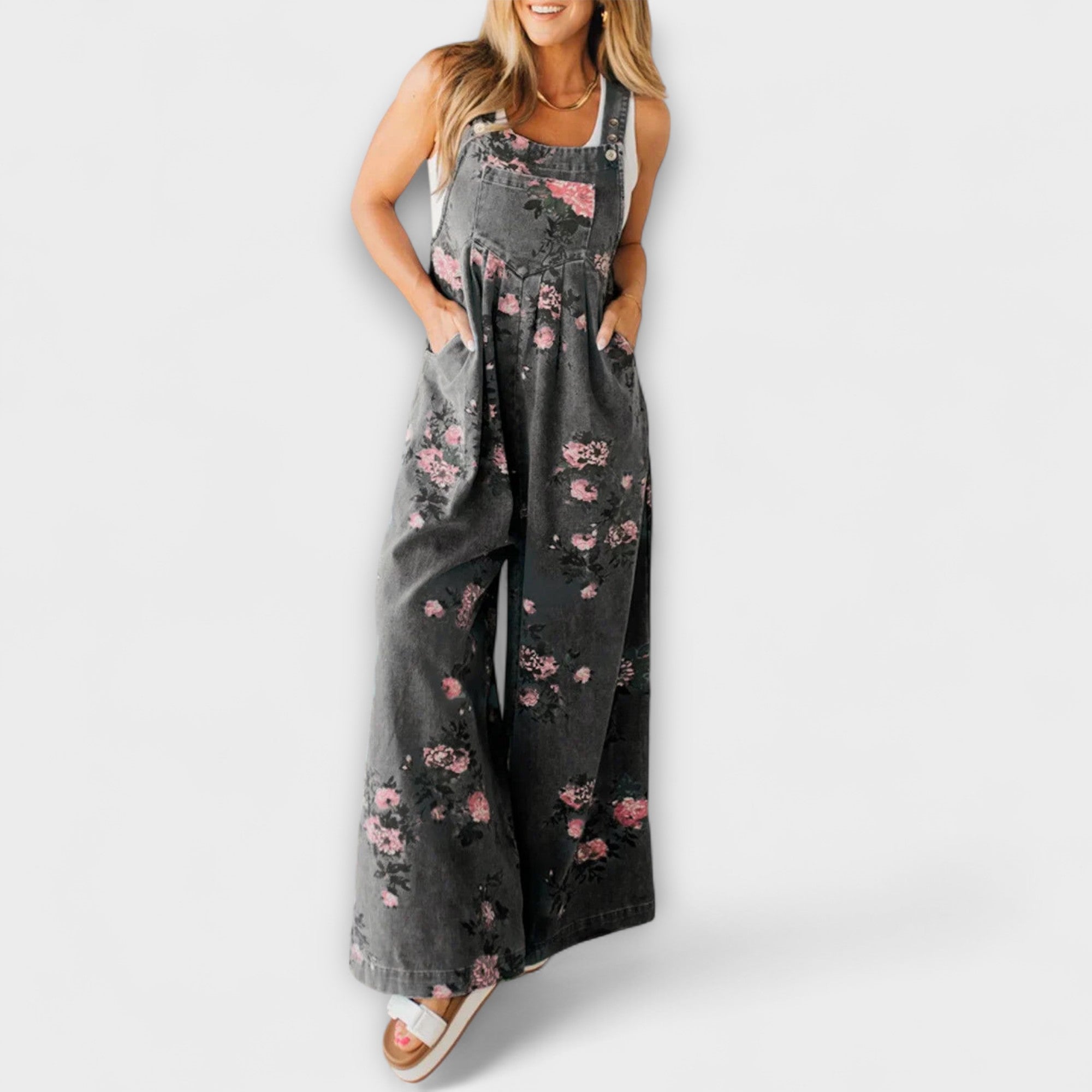 Bethany - Floral Pattern Wide Denim Overalls