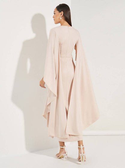 Rachel - Light Pink Midi Dress with V-Neck and Chiffon Sleeves