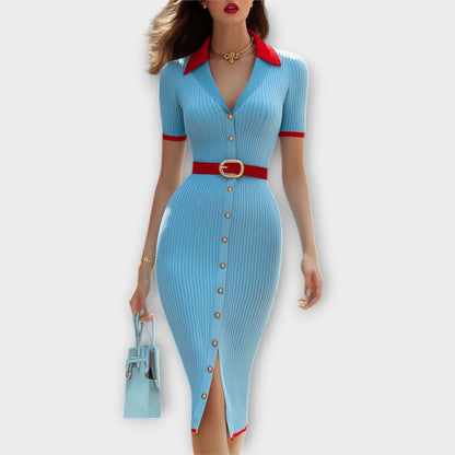 Sina - Stylish Baby Blue Ribbed Knit Pencil Dress