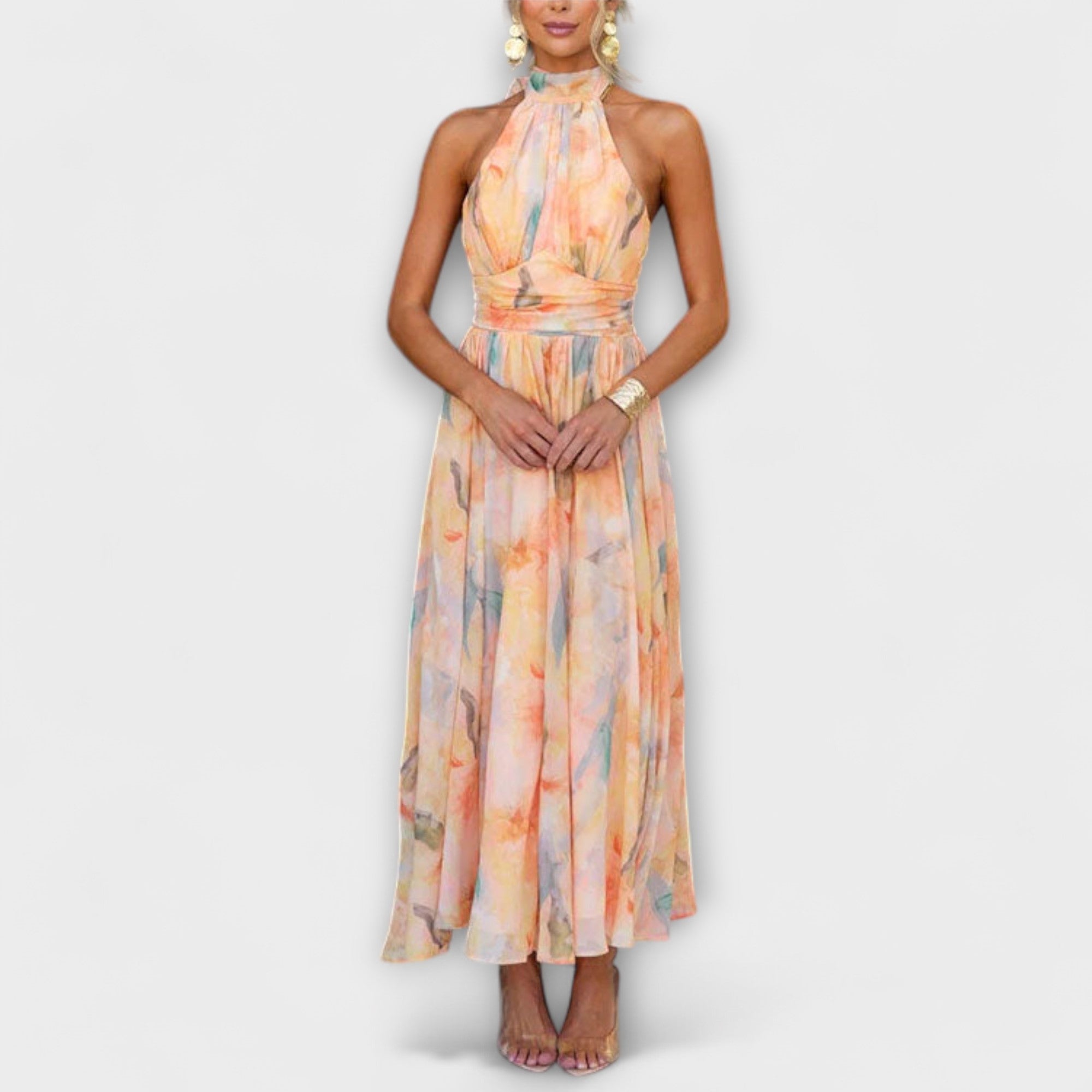 Halter Neck Watercolor Print Maxi Dress