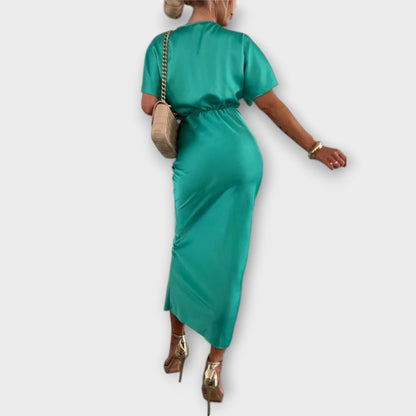 Sable - Elegant Satin V-Neck Cross Knot Slim Fit Maxi Dress