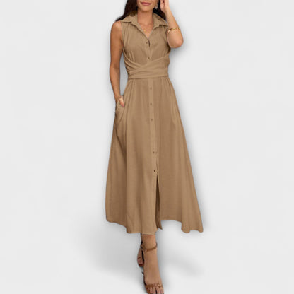 Mira - Eye-catching, single-breasted midi dress with tie belt