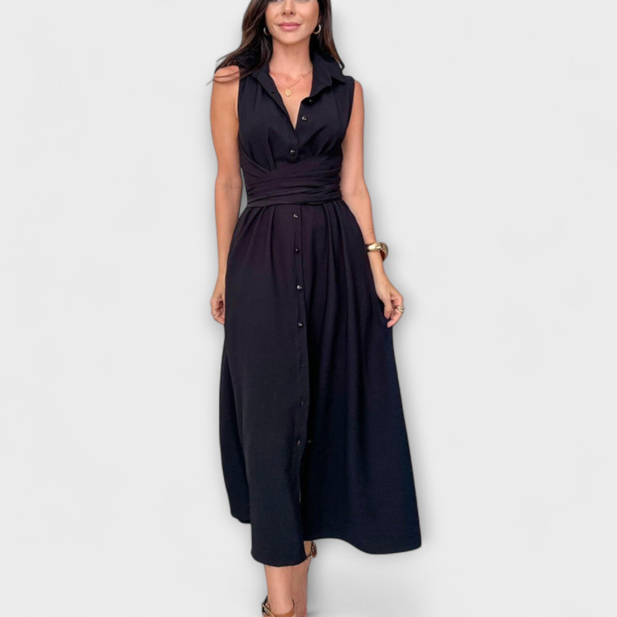 Mira - Eye-catching, single-breasted midi dress with tie belt