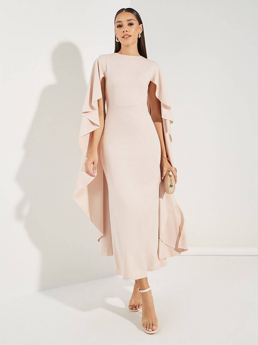 Rachel - Light Pink Midi Dress with V-Neck and Chiffon Sleeves