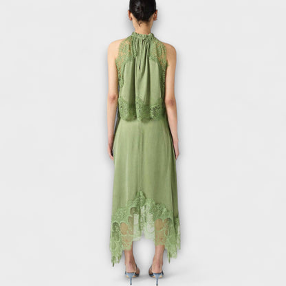 Kaia - Satin Blouse with Lace Trim and Pleated Neckline Set