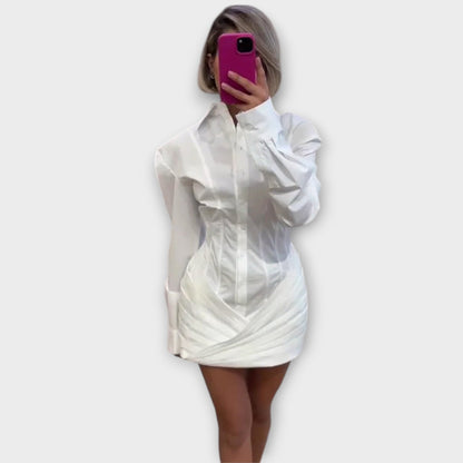 Indie - White Long-Sleeve Pleated Shirt Dress