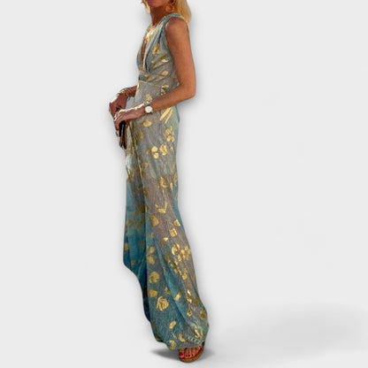 Flowing Dress with V-Neck and Sequin Details