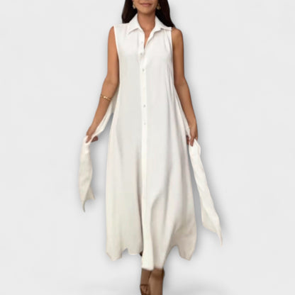 Mira - Eye-catching, single-breasted midi dress with tie belt