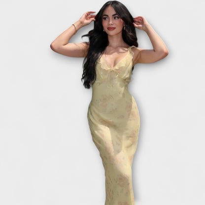 Cryptographic Floral Pattern Plunge Maxi Dress