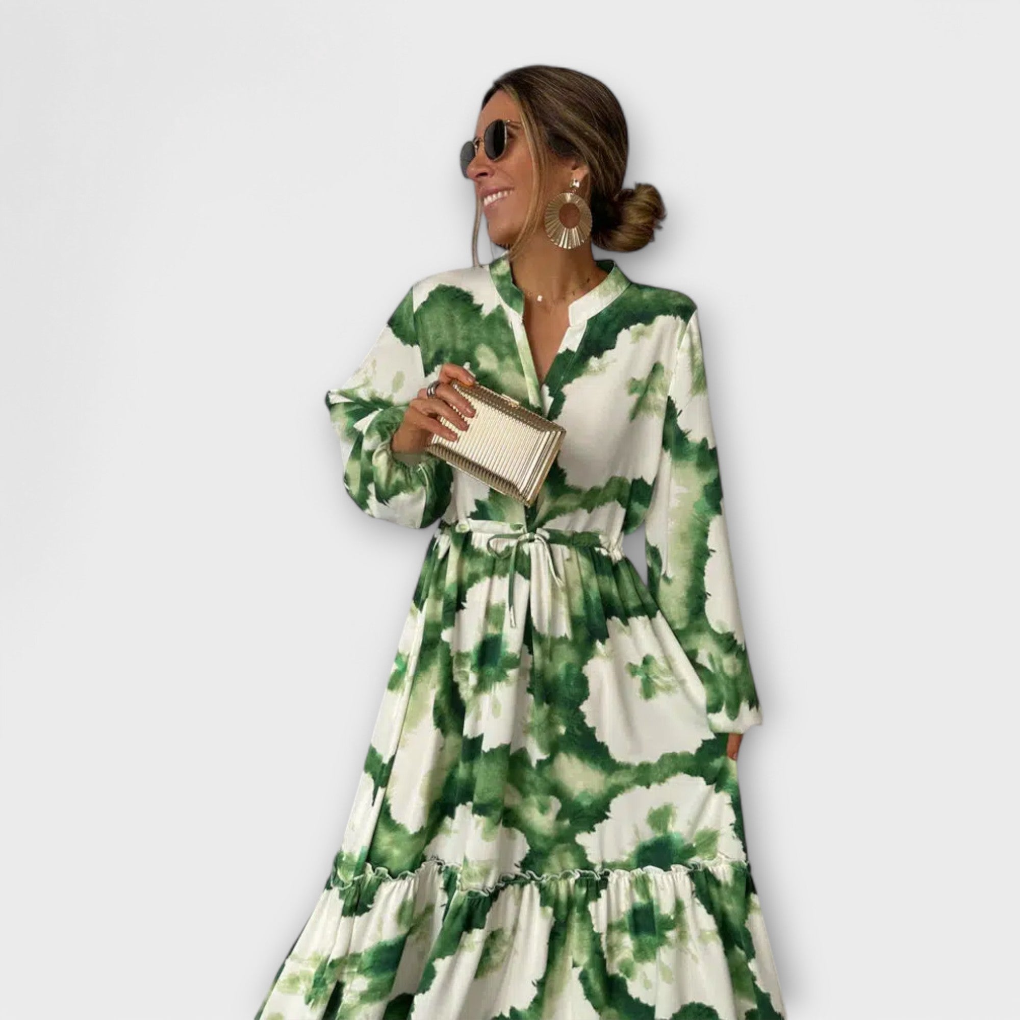 Melina - Green Maxi Dress with Long Sleeves and V-Neck