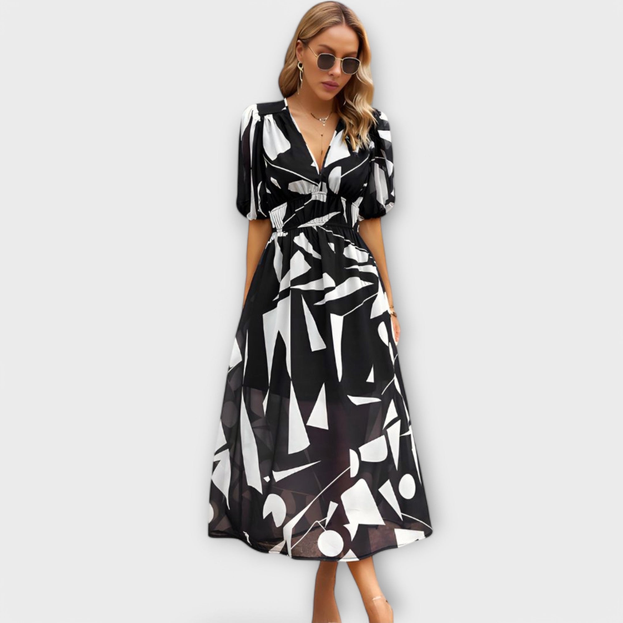Abstract Maxi Dress with Puff Sleeves