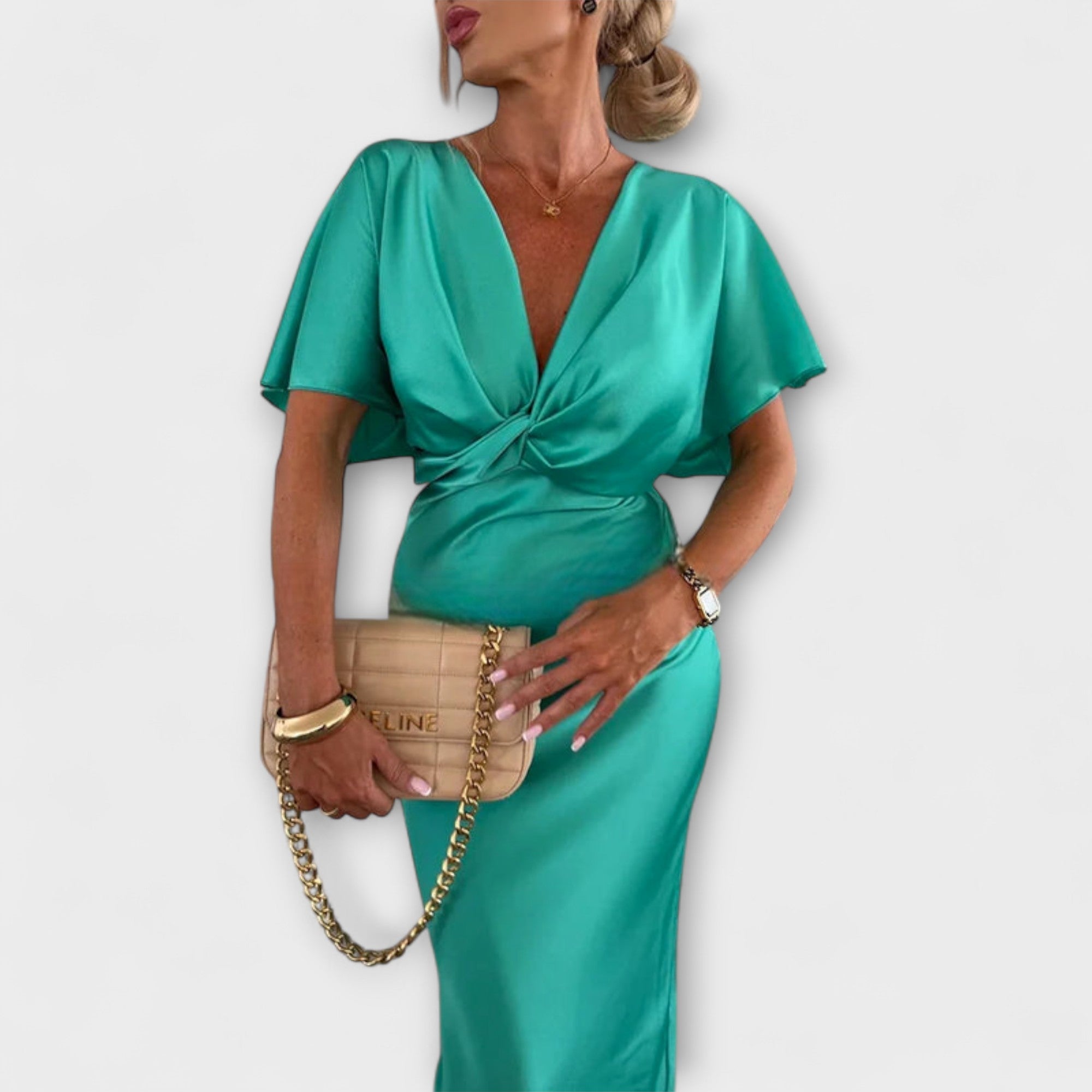 Sable - Elegant Satin V-Neck Cross Knot Slim Fit Maxi Dress