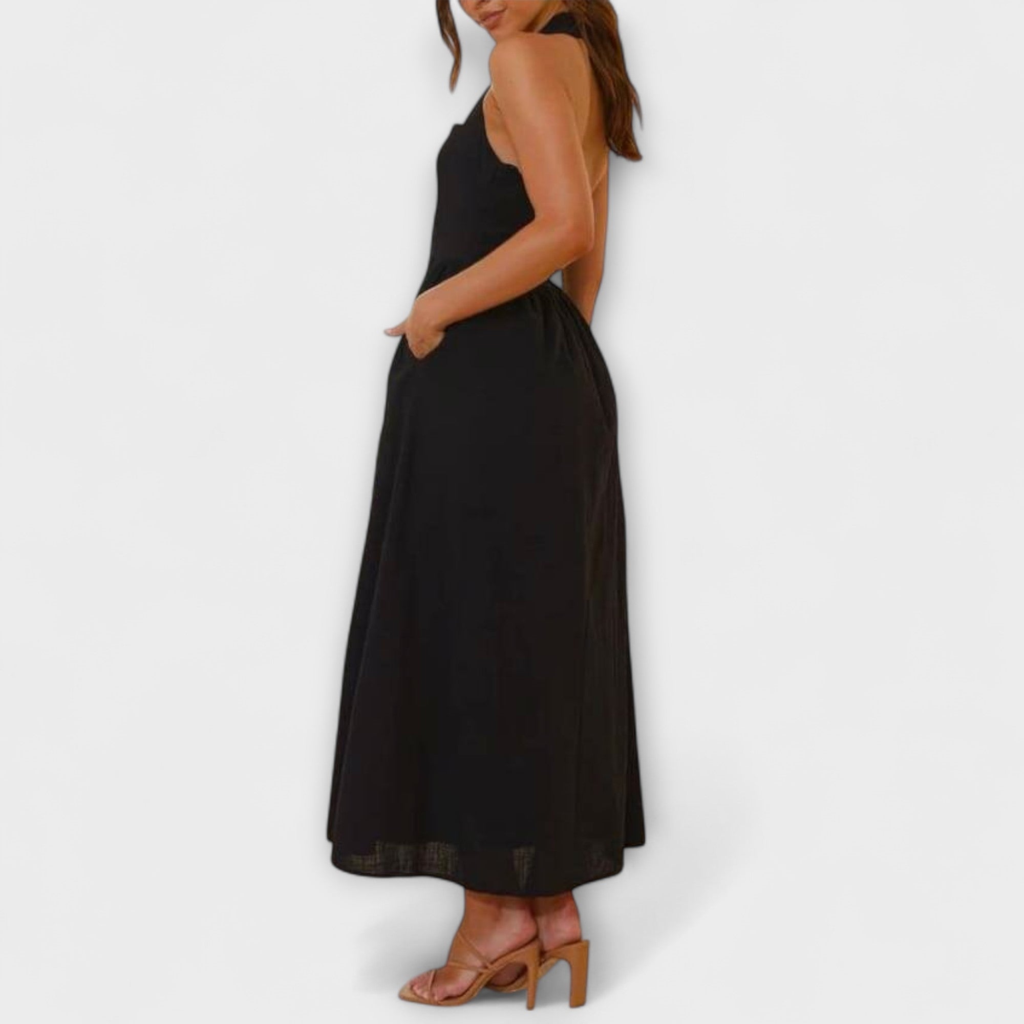 Lydia - Black Midi Dress with Collar and Waist Detail
