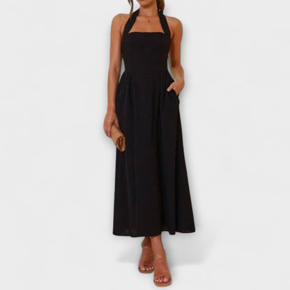 Lydia - Black Midi Dress with Collar and Waist Detail