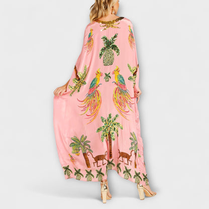 Linda - Eye-catching dress with off-the-shoulder design and coconut tree print