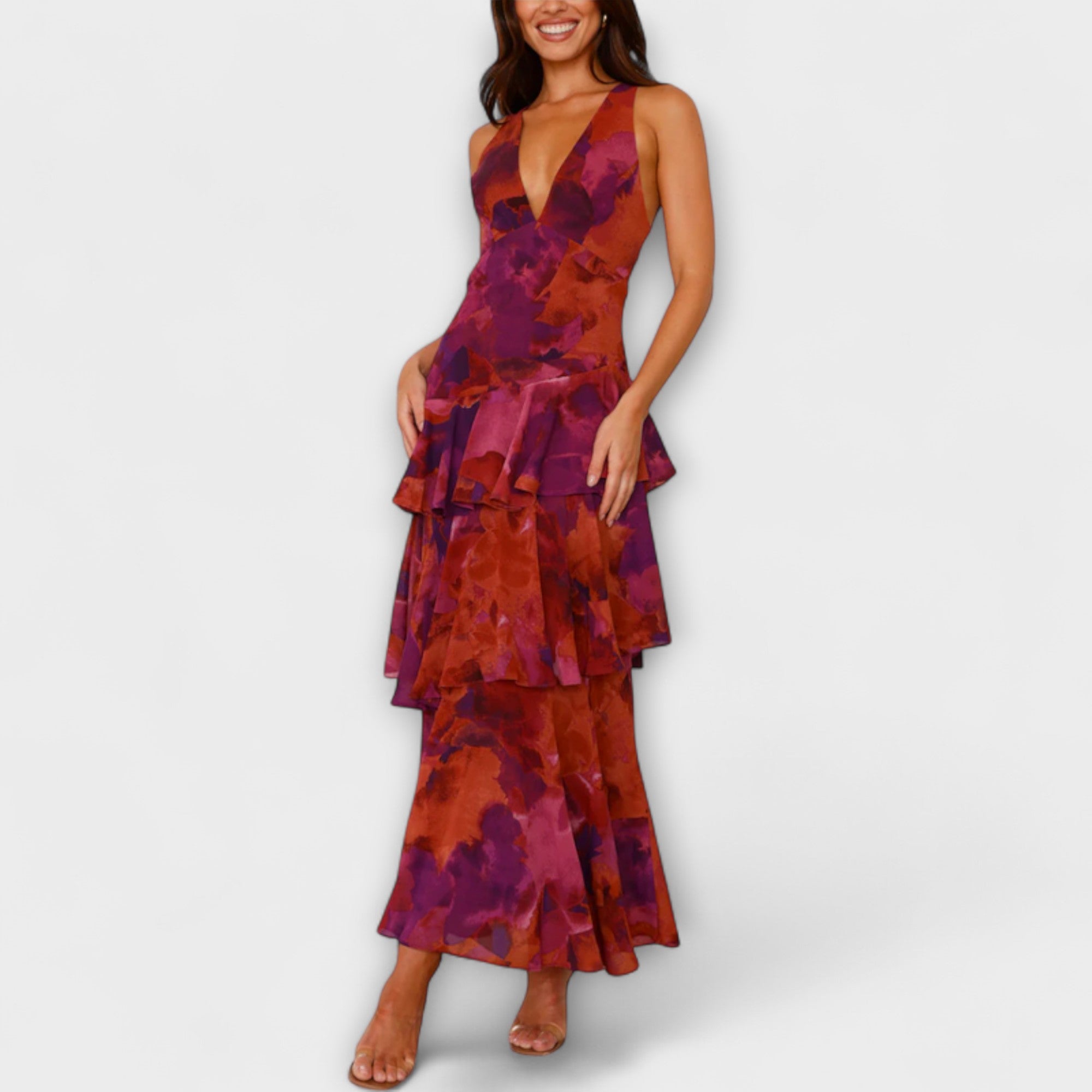 Domenica - Chiffon Dress with V-Neck and Flowing Layers