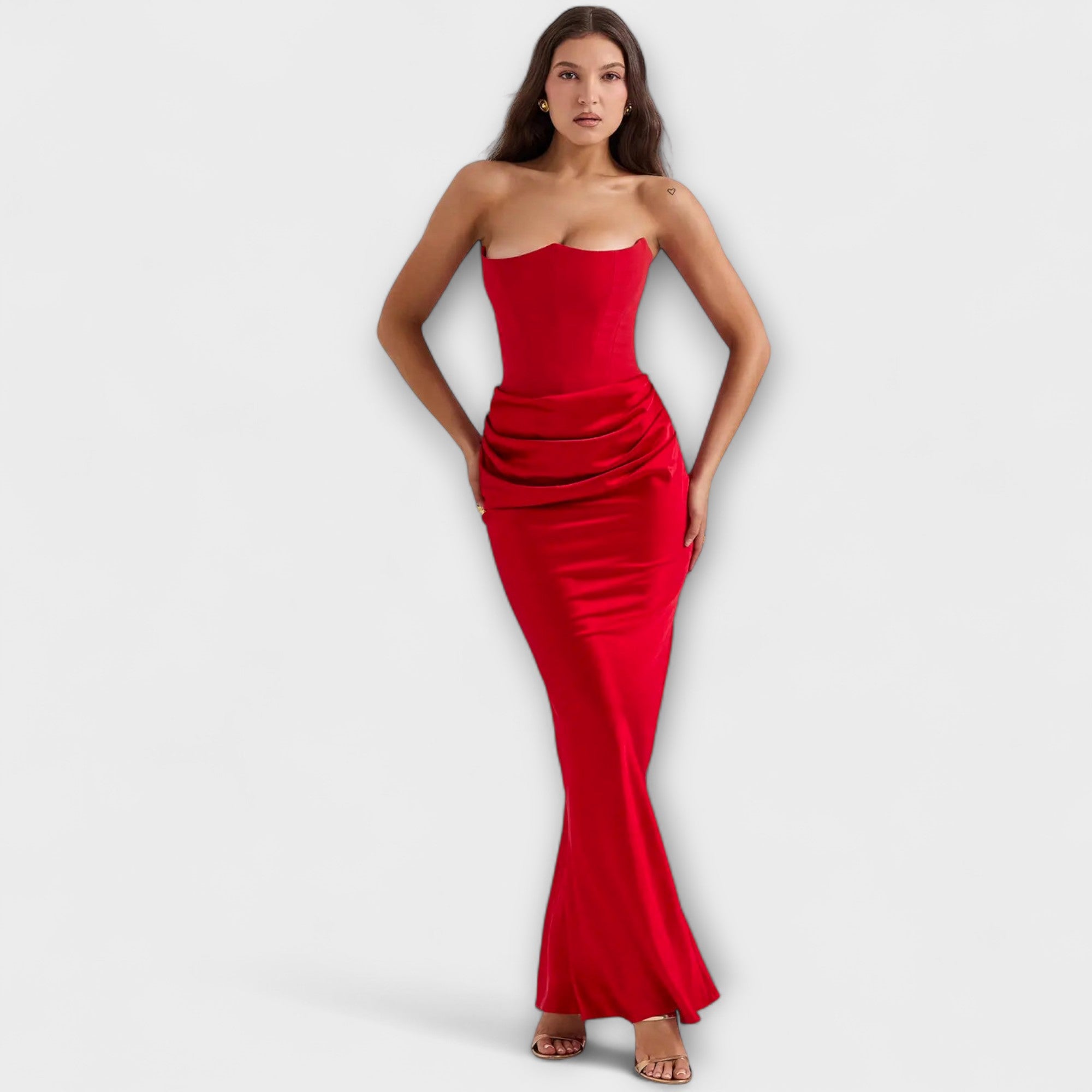 Off-Shoulder Satin Maxi Dress with Draping