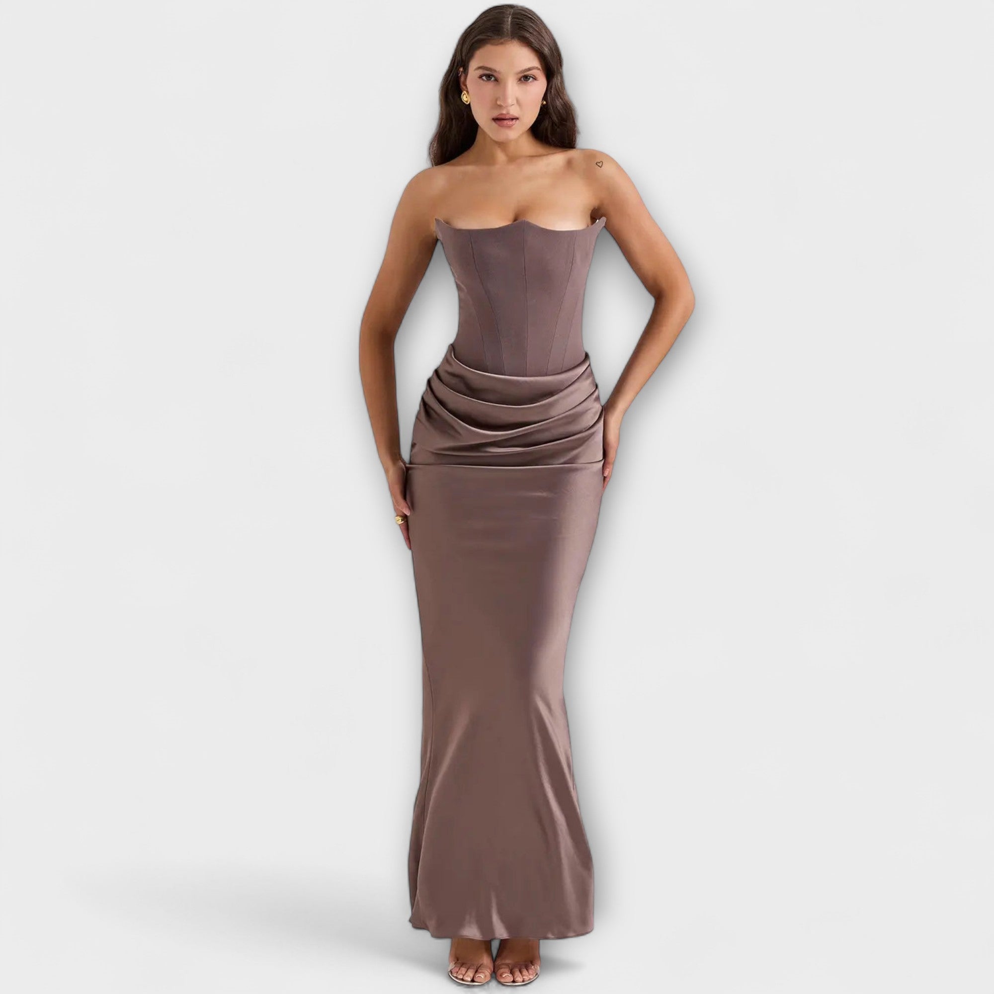 Off-Shoulder Satin Maxi Dress with Draping